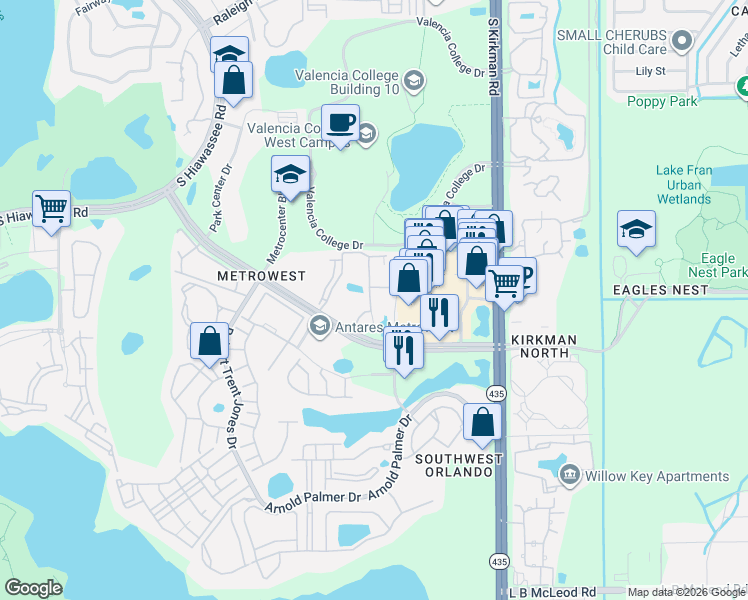 map of restaurants, bars, coffee shops, grocery stores, and more near 6157 Metrowest Boulevard in Orlando