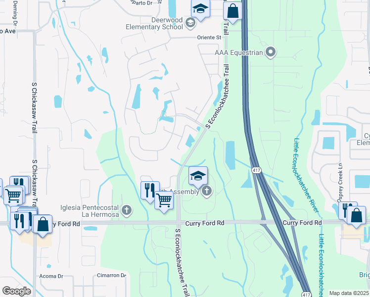 map of restaurants, bars, coffee shops, grocery stores, and more near 9301 Whispering Meadows Lane in Orlando