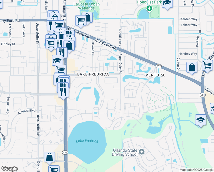 map of restaurants, bars, coffee shops, grocery stores, and more near 2639 Oak Park Way in Orlando