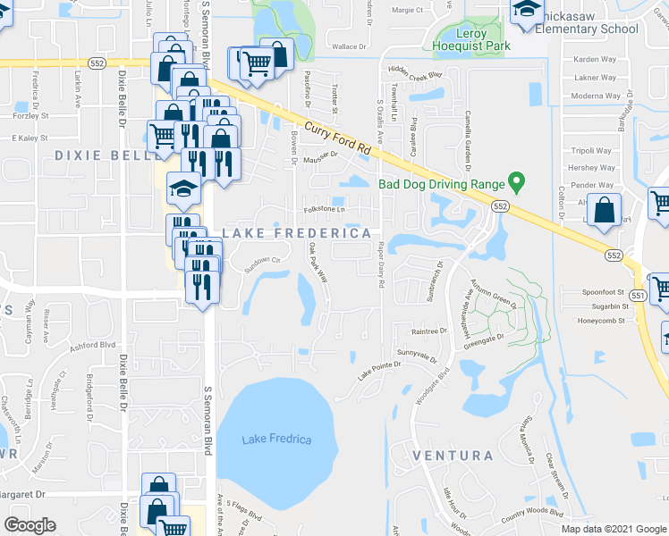 map of restaurants, bars, coffee shops, grocery stores, and more near 2639 Oak Park Way in Orlando