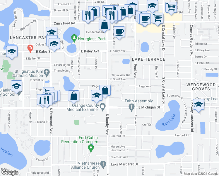 map of restaurants, bars, coffee shops, grocery stores, and more near 2419 South Bumby Avenue in Orlando