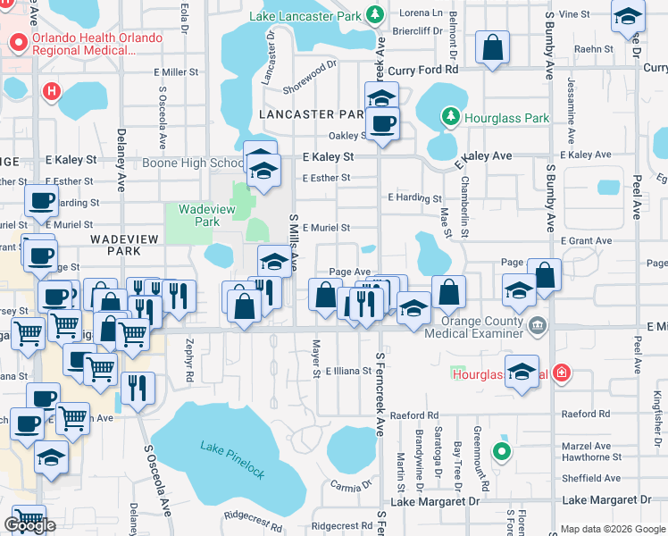 map of restaurants, bars, coffee shops, grocery stores, and more near 2419 South Brown Avenue in Orlando