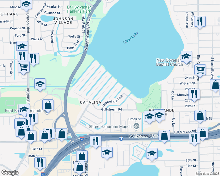 map of restaurants, bars, coffee shops, grocery stores, and more near 2607 Windward Court in Orlando