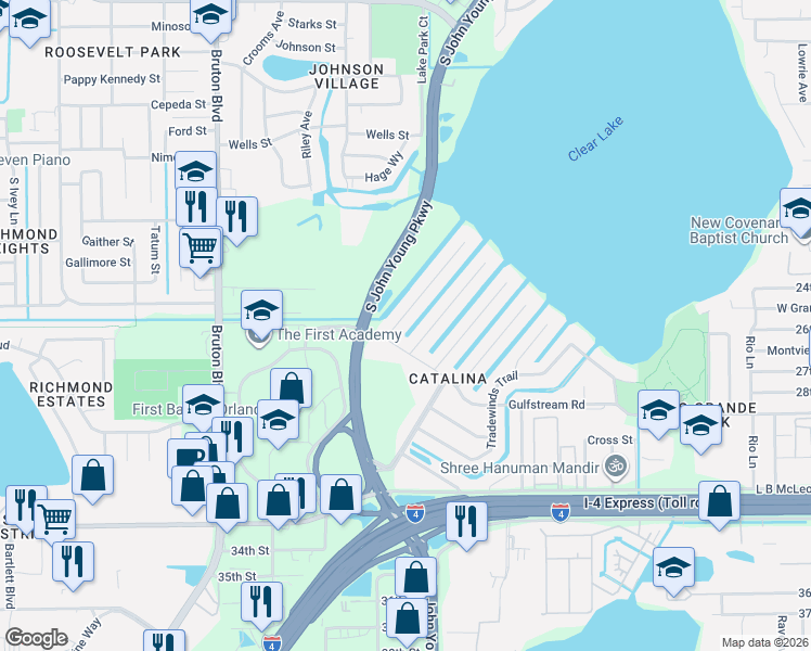map of restaurants, bars, coffee shops, grocery stores, and more near 3401 Gulfstream Road in Orlando