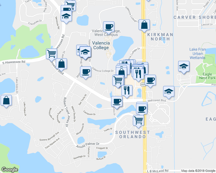 map of restaurants, bars, coffee shops, grocery stores, and more near 6157 Metrowest Boulevard in Orlando