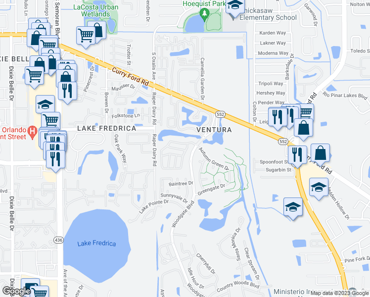 map of restaurants, bars, coffee shops, grocery stores, and more near 6199 Bryn Wood Street in Orlando