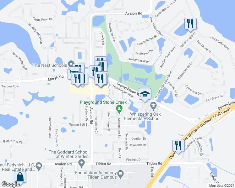 map of restaurants, bars, coffee shops, grocery stores, and more near 1554 Tiverton Boulevard in Winter Garden