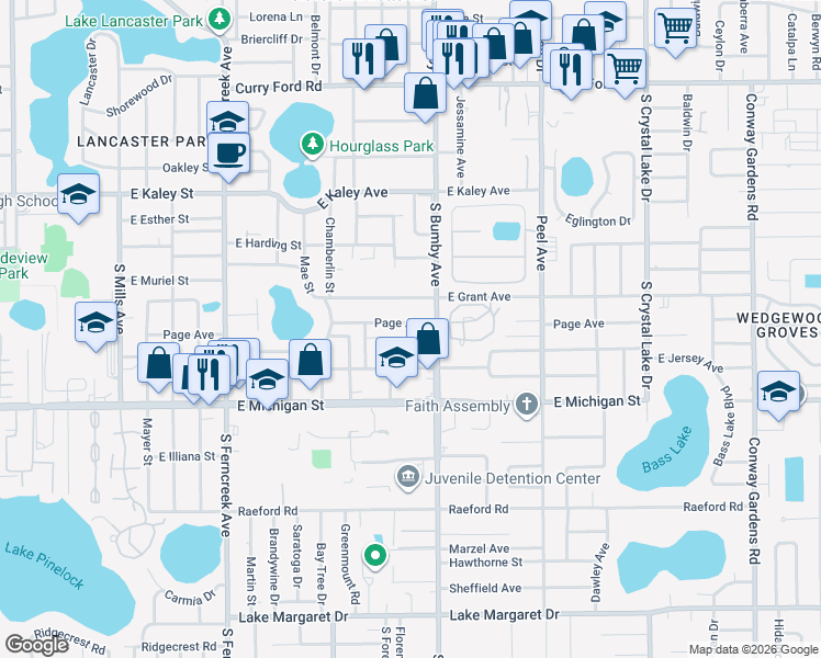map of restaurants, bars, coffee shops, grocery stores, and more near 2316 East Crystal Lake Avenue in Orlando