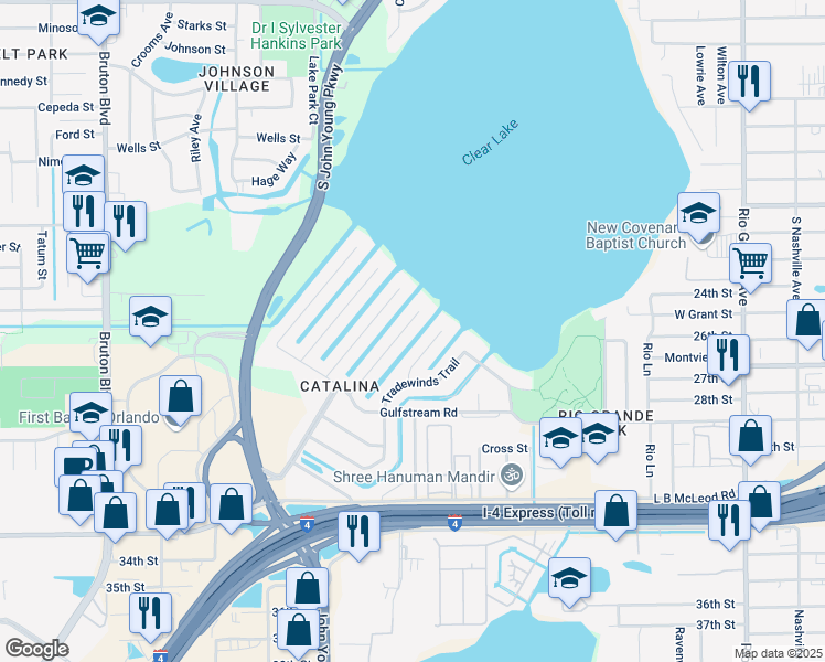 map of restaurants, bars, coffee shops, grocery stores, and more near 2607 Windward Court in Orlando