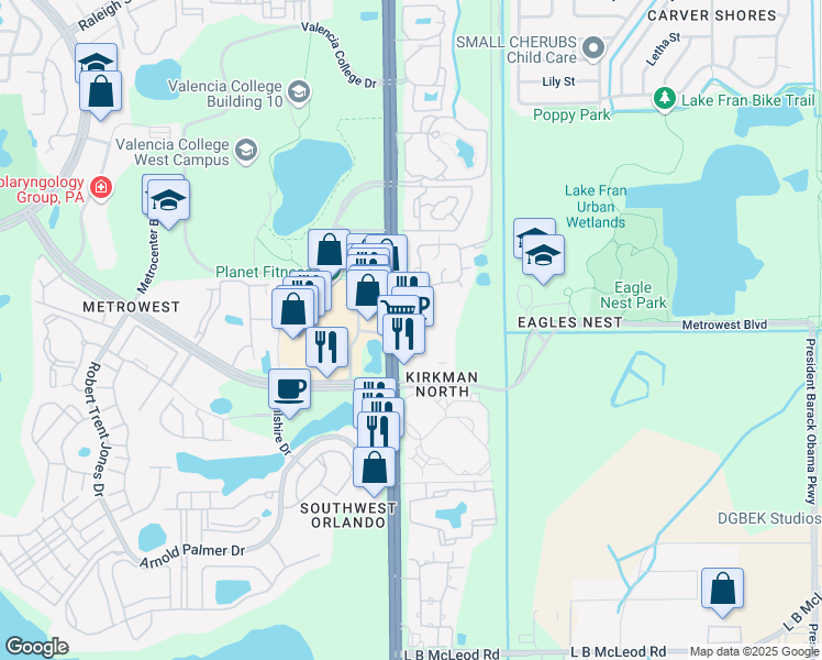 map of restaurants, bars, coffee shops, grocery stores, and more near 2573 South Kirkman Road in Orlando