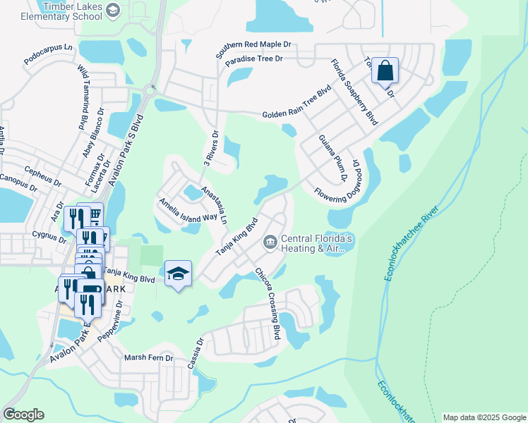 map of restaurants, bars, coffee shops, grocery stores, and more near 14308 Tanja King Boulevard in Orlando