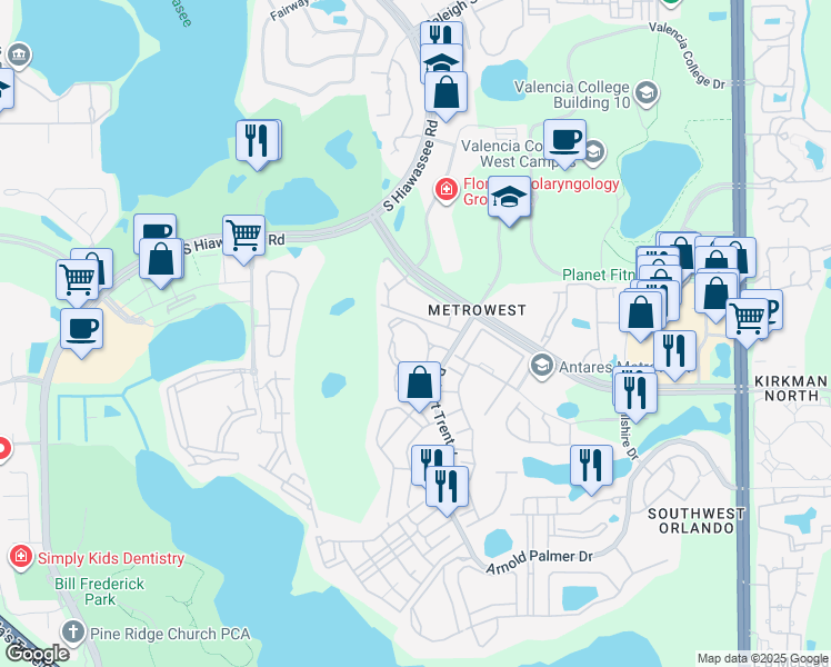 map of restaurants, bars, coffee shops, grocery stores, and more near 6430 Metrowest Boulevard in Orlando
