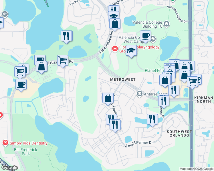 map of restaurants, bars, coffee shops, grocery stores, and more near 6430 Metrowest Boulevard in Orlando