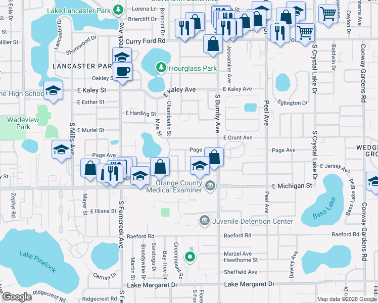 map of restaurants, bars, coffee shops, grocery stores, and more near 2100 East Grant Avenue in Orlando