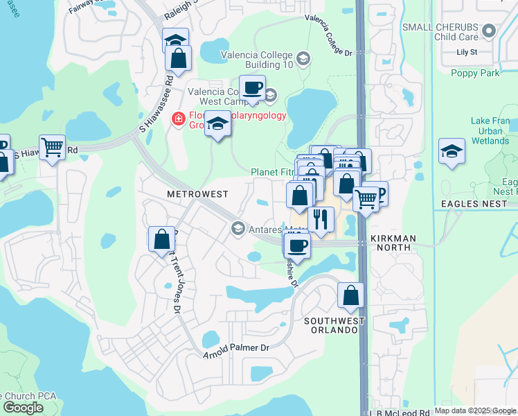 map of restaurants, bars, coffee shops, grocery stores, and more near 6121 Metrowest Boulevard in Orlando