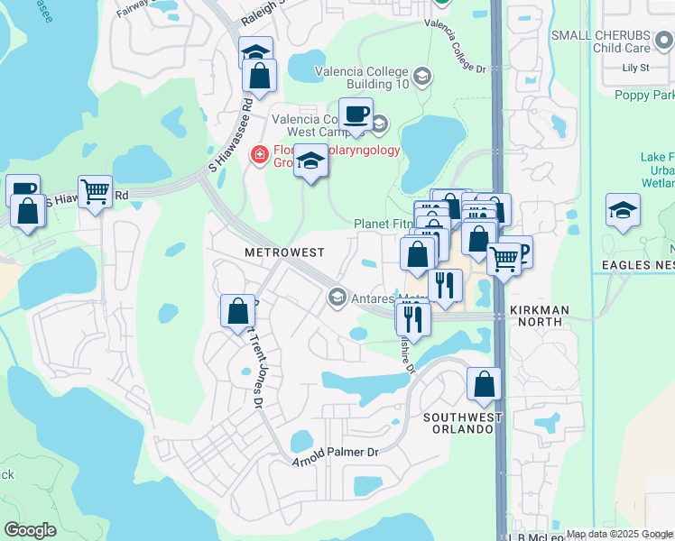 map of restaurants, bars, coffee shops, grocery stores, and more near 6171 Metrowest Boulevard in Orlando
