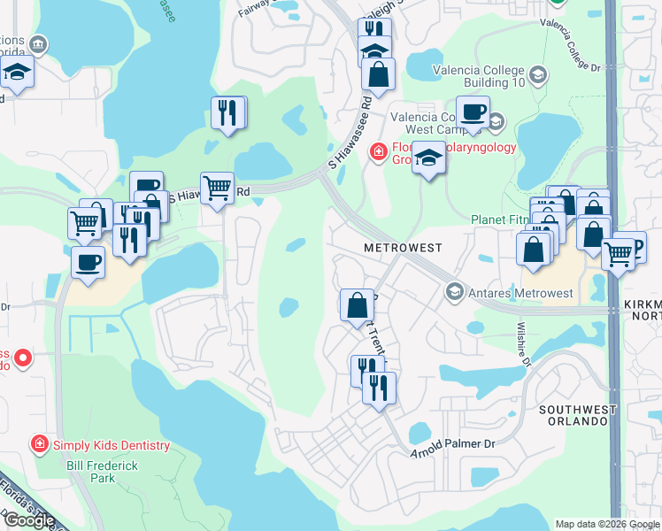 map of restaurants, bars, coffee shops, grocery stores, and more near 2558 Robert Trent Jones Drive in Orlando