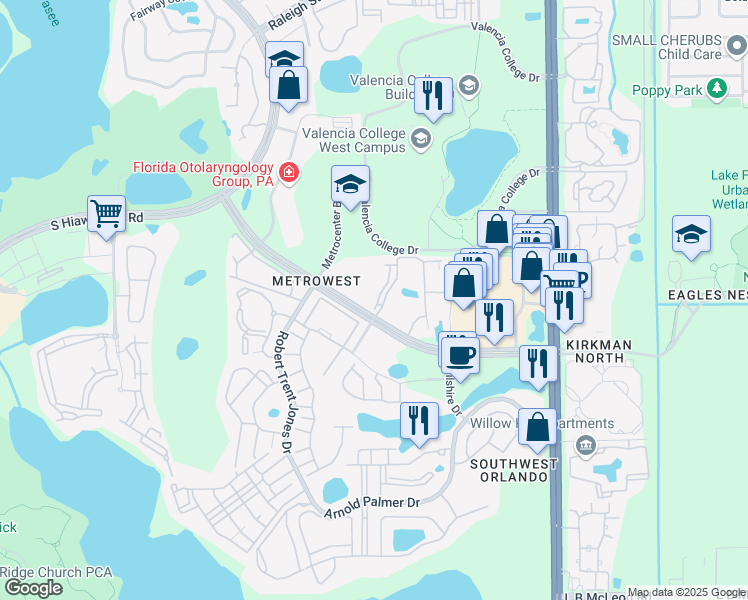 map of restaurants, bars, coffee shops, grocery stores, and more near 6169 Metrowest Boulevard in Orlando
