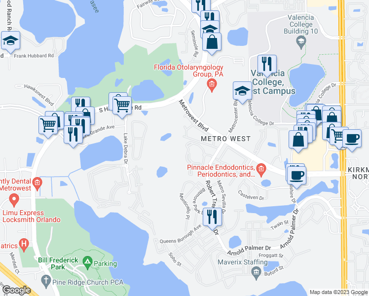 map of restaurants, bars, coffee shops, grocery stores, and more near 2558 Robert Trent Jones Drive in Orlando