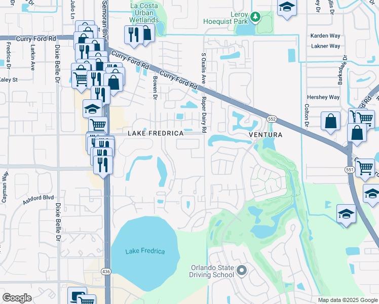 map of restaurants, bars, coffee shops, grocery stores, and more near 6034 Village Circle North in Orlando
