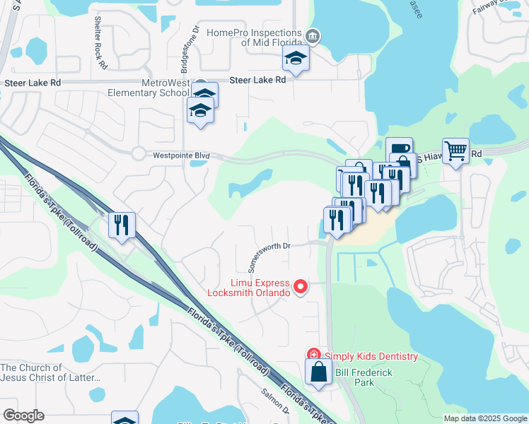 map of restaurants, bars, coffee shops, grocery stores, and more near 7310 Westpointe Boulevard in Orlando