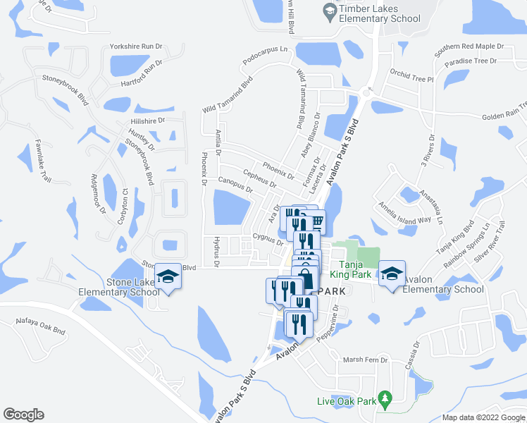 map of restaurants, bars, coffee shops, grocery stores, and more near 13744 Canopus Drive in Orlando
