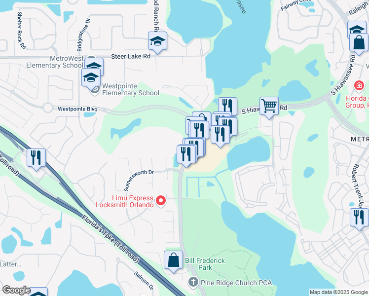 map of restaurants, bars, coffee shops, grocery stores, and more near 7210 Westpointe Boulevard in Orlando