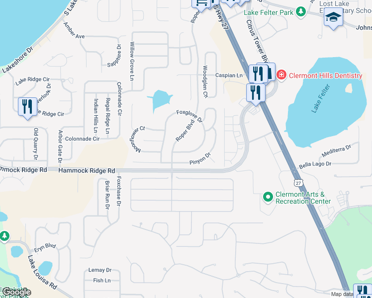 map of restaurants, bars, coffee shops, grocery stores, and more near 11838 Foxglove Drive in Clermont