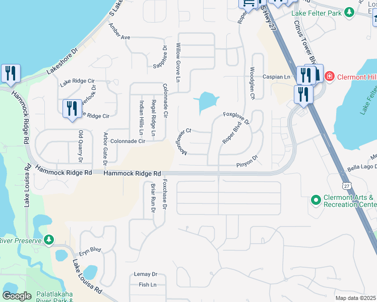 map of restaurants, bars, coffee shops, grocery stores, and more near 13124 Moonflower Court in Clermont