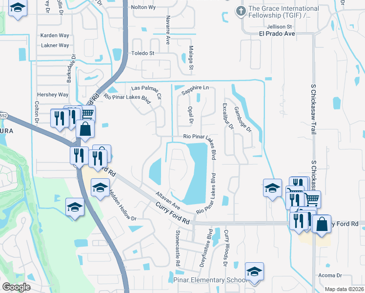 map of restaurants, bars, coffee shops, grocery stores, and more near 2220 Rio Pinar Lakes Boulevard in Orlando