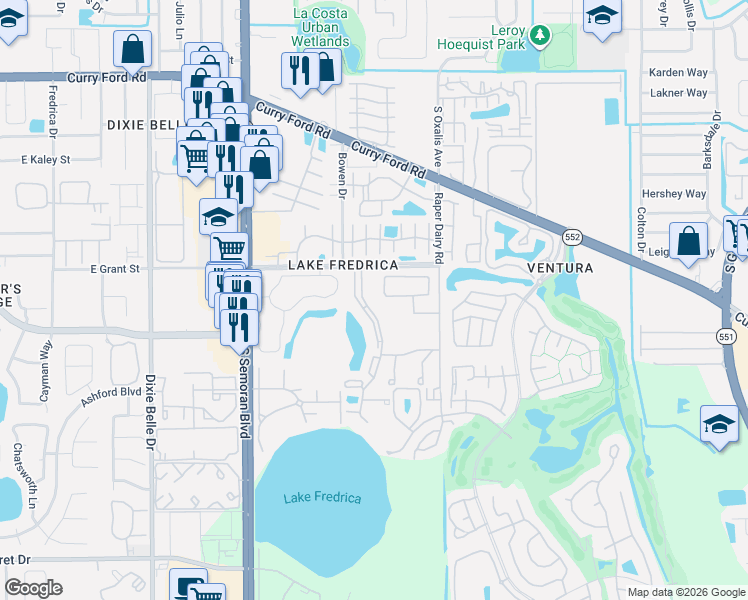 map of restaurants, bars, coffee shops, grocery stores, and more near 5938 Village Circle North in Orlando