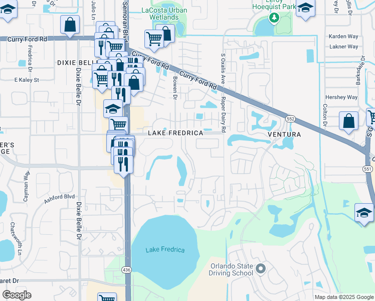 map of restaurants, bars, coffee shops, grocery stores, and more near 5938 Village Circle North in Orlando