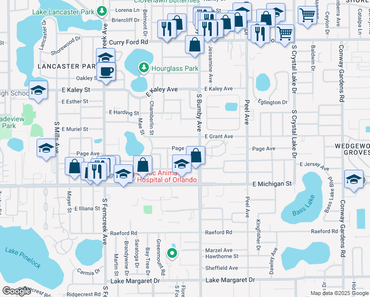 map of restaurants, bars, coffee shops, grocery stores, and more near 2200 East Grant Street in Orlando