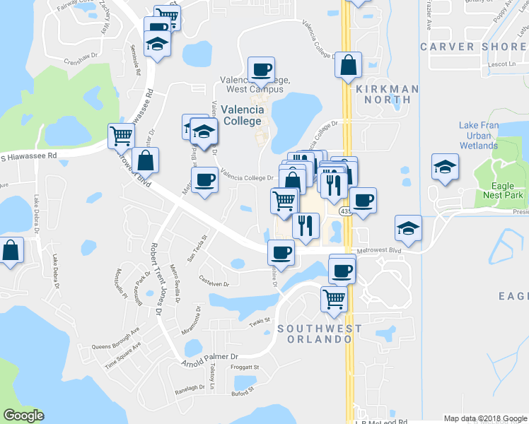 map of restaurants, bars, coffee shops, grocery stores, and more near 6125 Metrowest Boulevard in Orlando