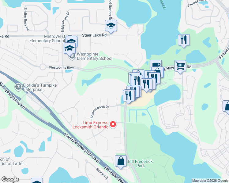 map of restaurants, bars, coffee shops, grocery stores, and more near 7250 Westpointe Boulevard in Orlando