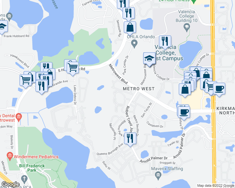 map of restaurants, bars, coffee shops, grocery stores, and more near 2558 Robert Trent Jones Drive in Orlando