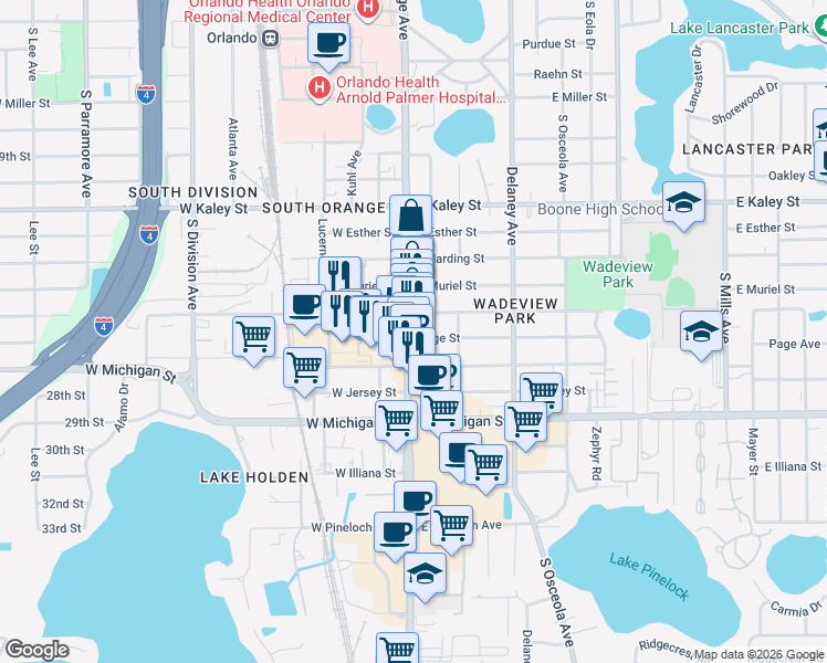 map of restaurants, bars, coffee shops, grocery stores, and more near 2323 South Orange Avenue in Orlando
