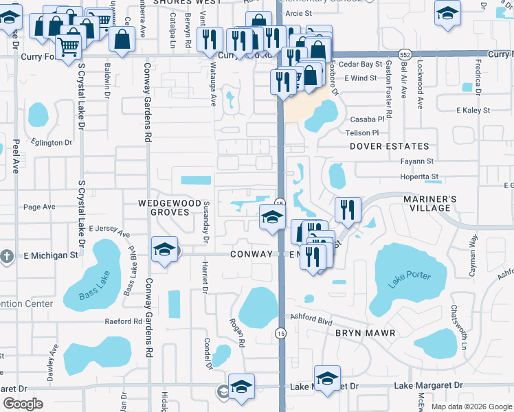 map of restaurants, bars, coffee shops, grocery stores, and more near 2430 South Conway Road in Orlando