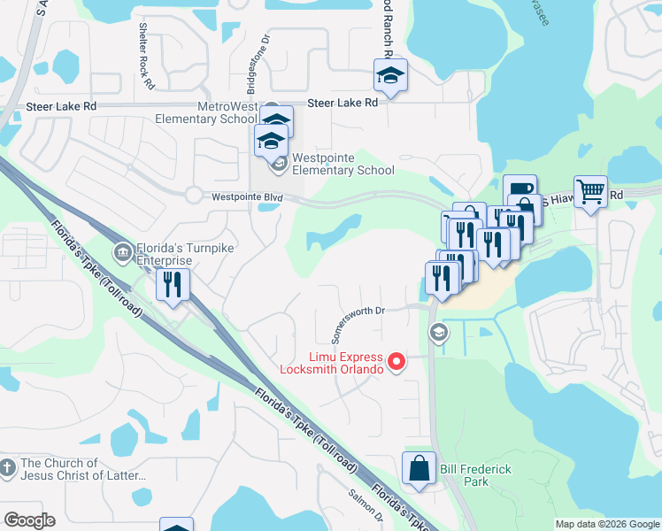 map of restaurants, bars, coffee shops, grocery stores, and more near 7310 Westpointe Boulevard in Orlando