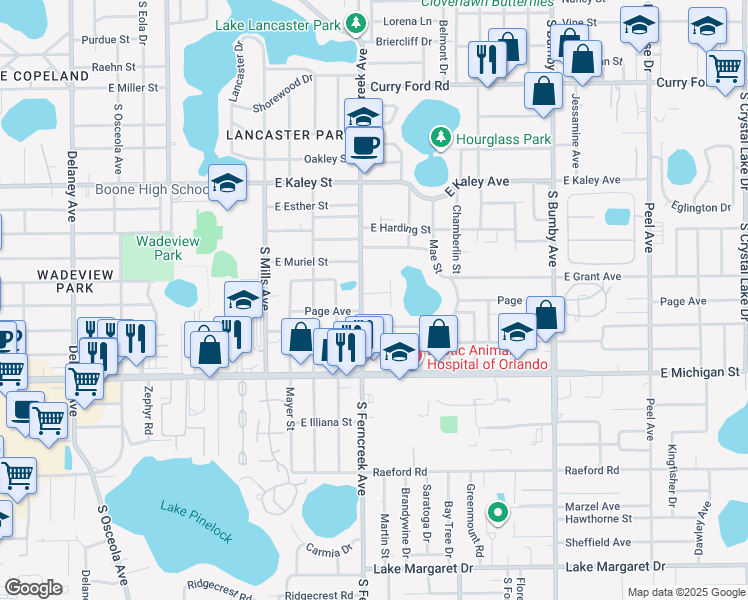 map of restaurants, bars, coffee shops, grocery stores, and more near 1604 Page Avenue in Orlando
