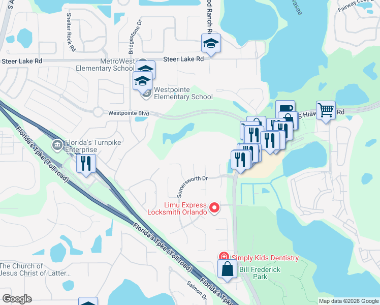 map of restaurants, bars, coffee shops, grocery stores, and more near 7310 Westpointe Boulevard in Orlando