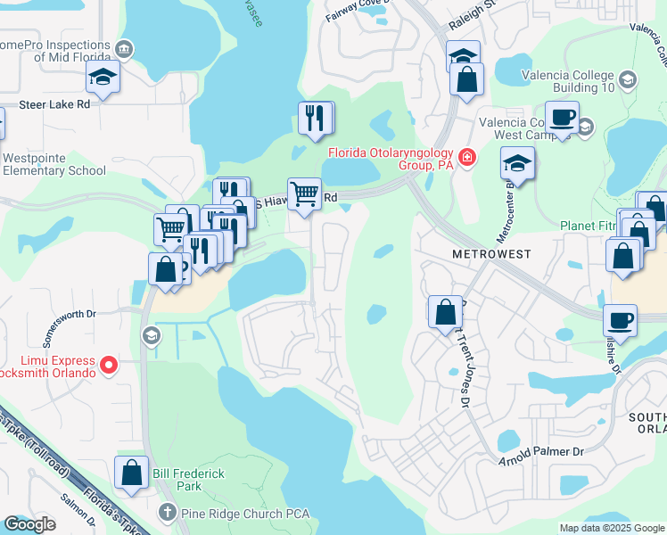 map of restaurants, bars, coffee shops, grocery stores, and more near 2207 Lake Debra Drive in Orlando