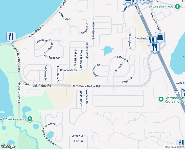 map of restaurants, bars, coffee shops, grocery stores, and more near 13145 Moonflower Court in Clermont