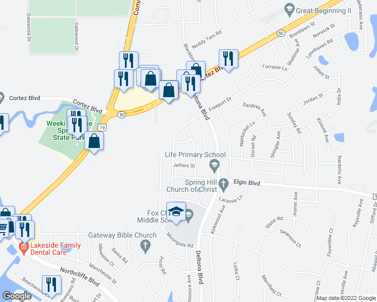 map of restaurants, bars, coffee shops, grocery stores, and more near 9637 Langan Street in Spring Hill