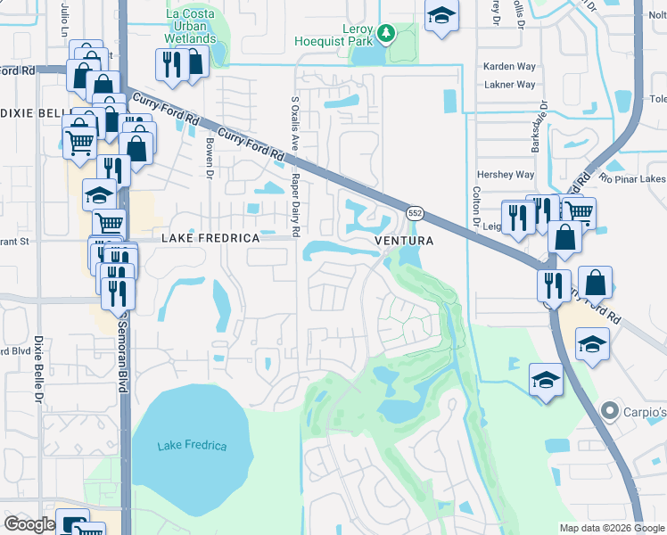 map of restaurants, bars, coffee shops, grocery stores, and more near 2564 Shadybranch Drive in Orlando