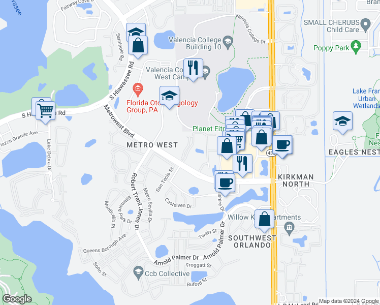 map of restaurants, bars, coffee shops, grocery stores, and more near 6171 Metrowest Boulevard in Orlando