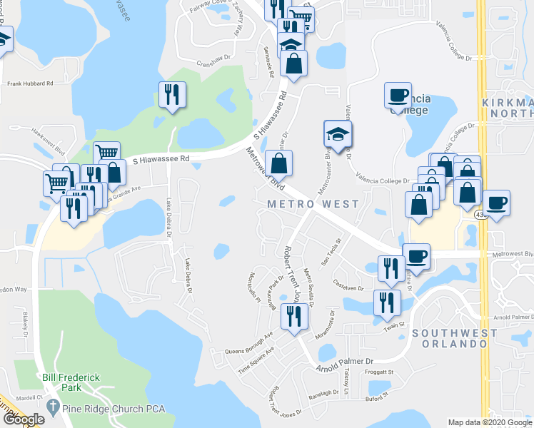 map of restaurants, bars, coffee shops, grocery stores, and more near 2558 Robert Trent Jones Drive in Orlando