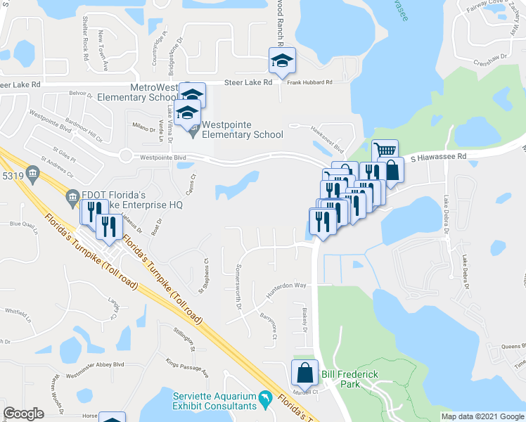 map of restaurants, bars, coffee shops, grocery stores, and more near 7280 Westpointe Boulevard in Orlando
