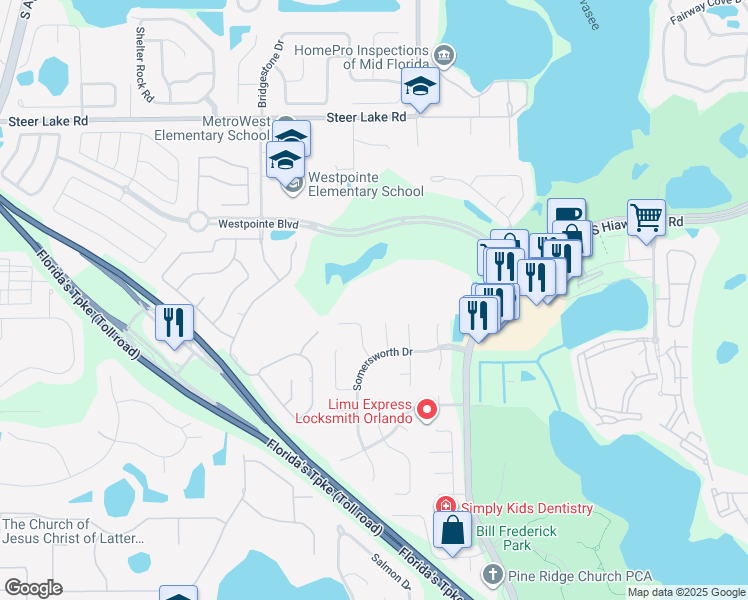 map of restaurants, bars, coffee shops, grocery stores, and more near 7310 Westpointe Boulevard in Orlando