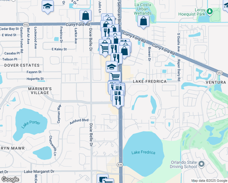 map of restaurants, bars, coffee shops, grocery stores, and more near 2322 S Semoran Blvd in Orlando